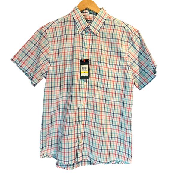 IZOD NWT Size Medium plaid short sleeve button down preppy casual date - Picture 1 of 8